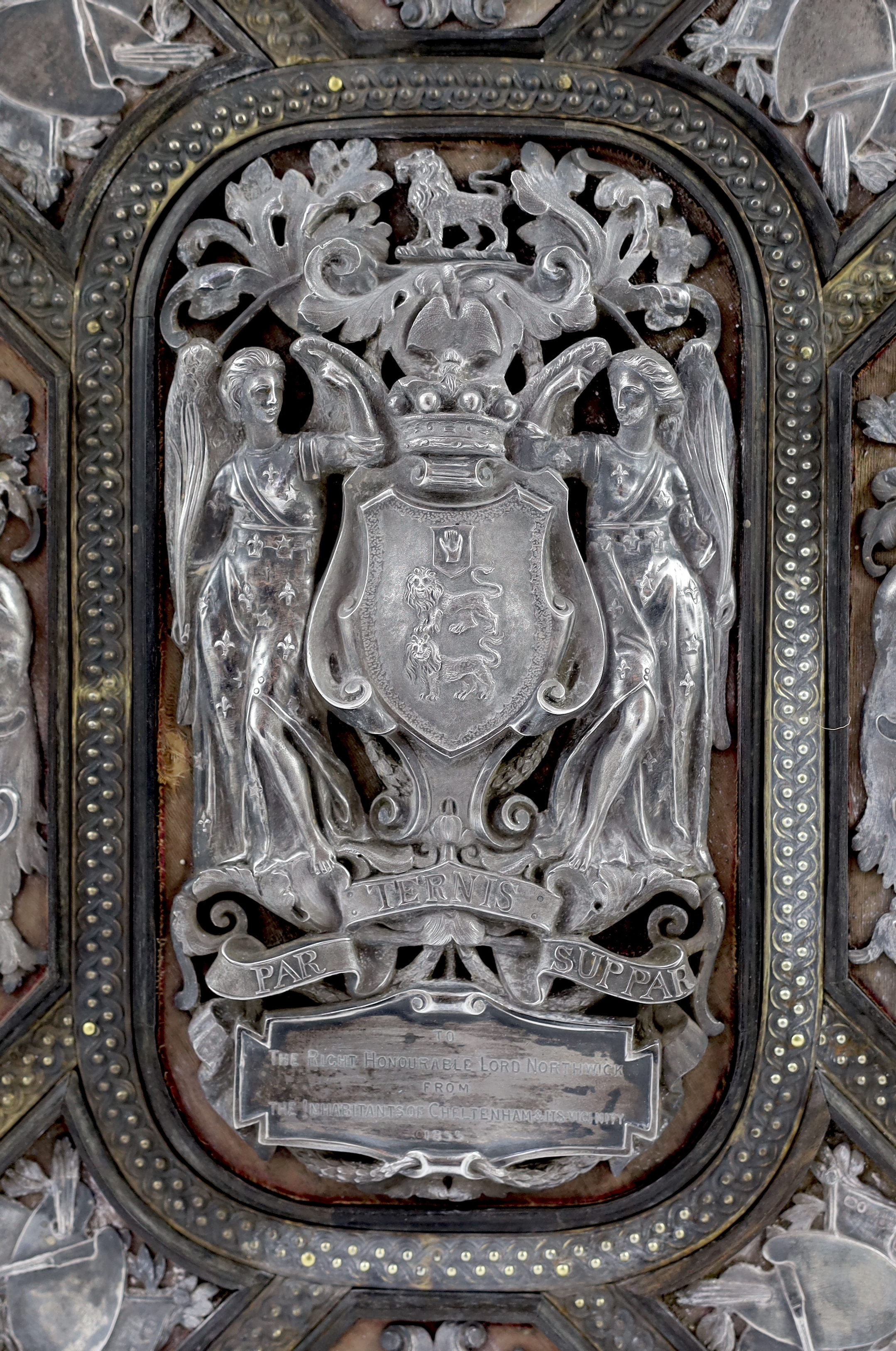 A Victorian silver, parcel gilt and ebony mounted velvet illuminated album, presented to the Right Honourable Lord Northwick in 1855